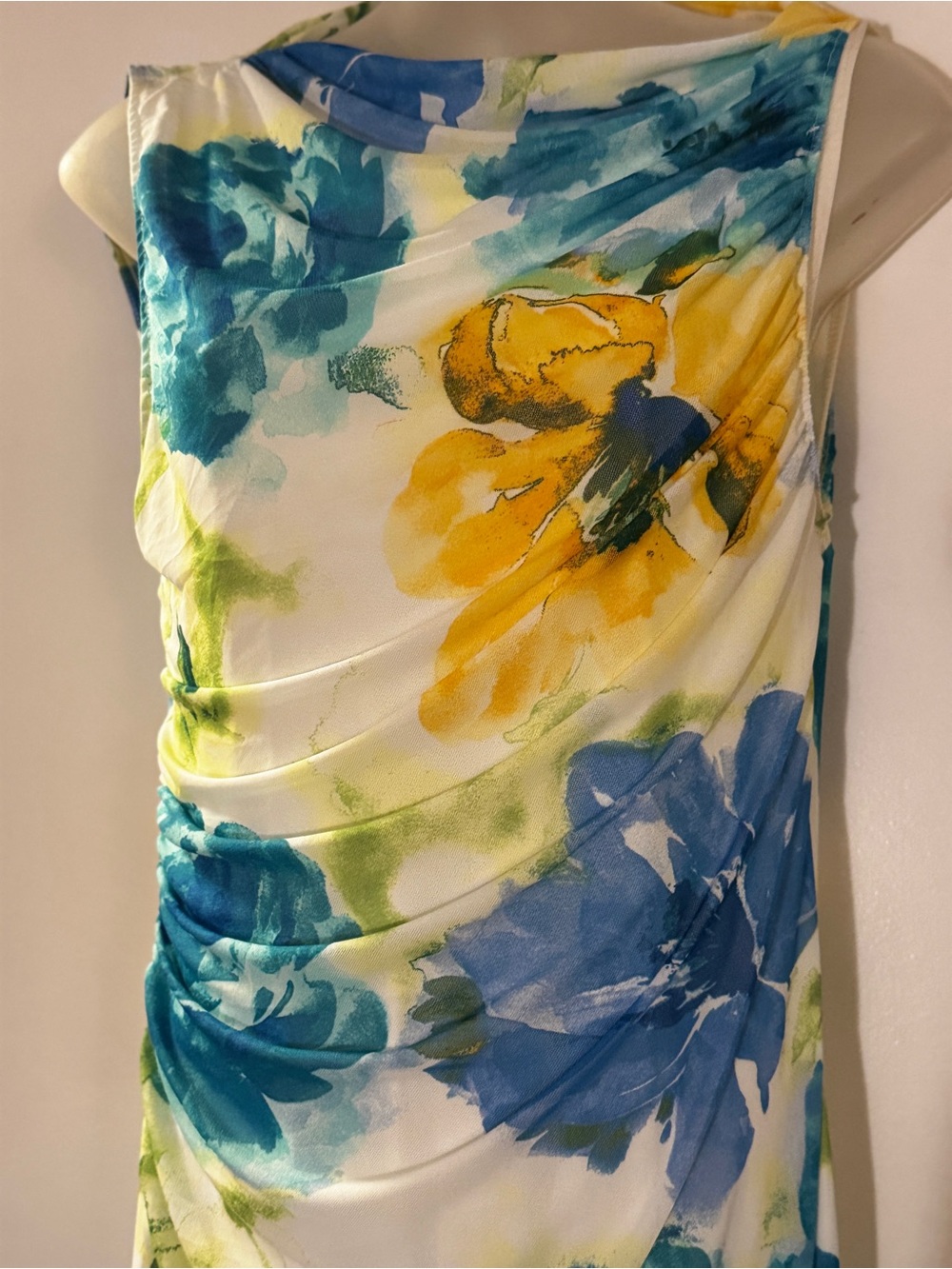 Fashion Nova White Midi Dress with Blue & Yellow Floral Print